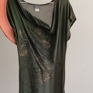 Green Graphic Asymmetrical Cap Sleeve Dress